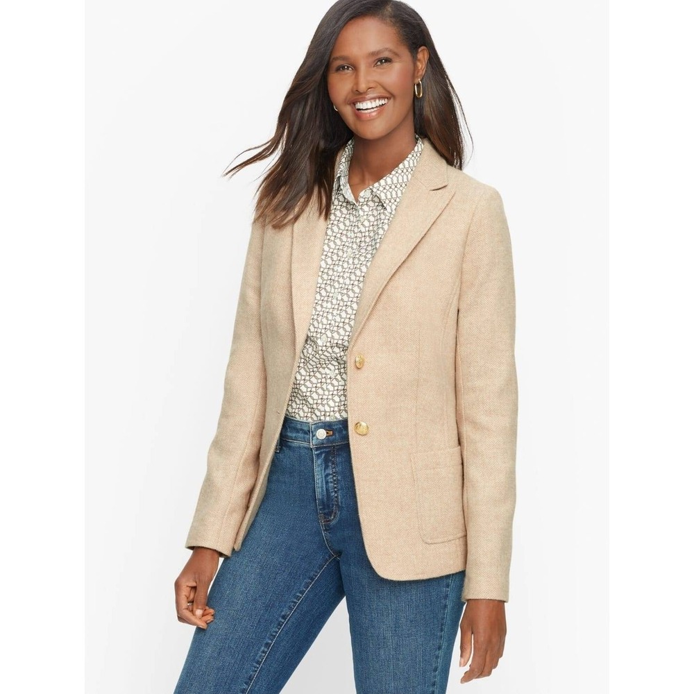 Talbots Womens Tan Herringbone Wool Blend Blazer Gold Button Jacket Size 8